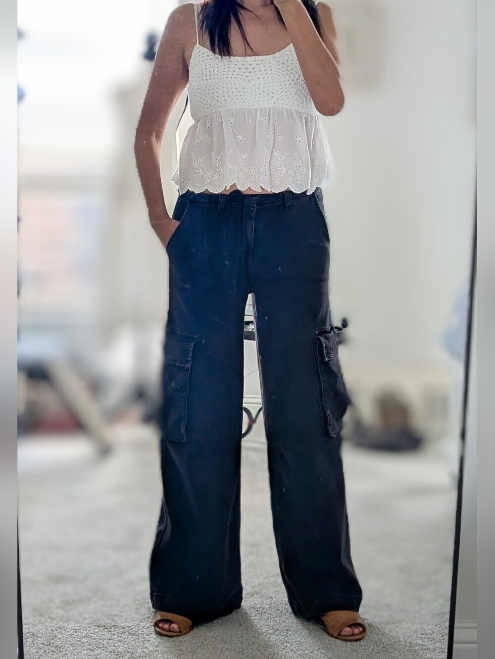 RSQ Washed Black Wide-Leg Cargo Pants with Drawstring Waist